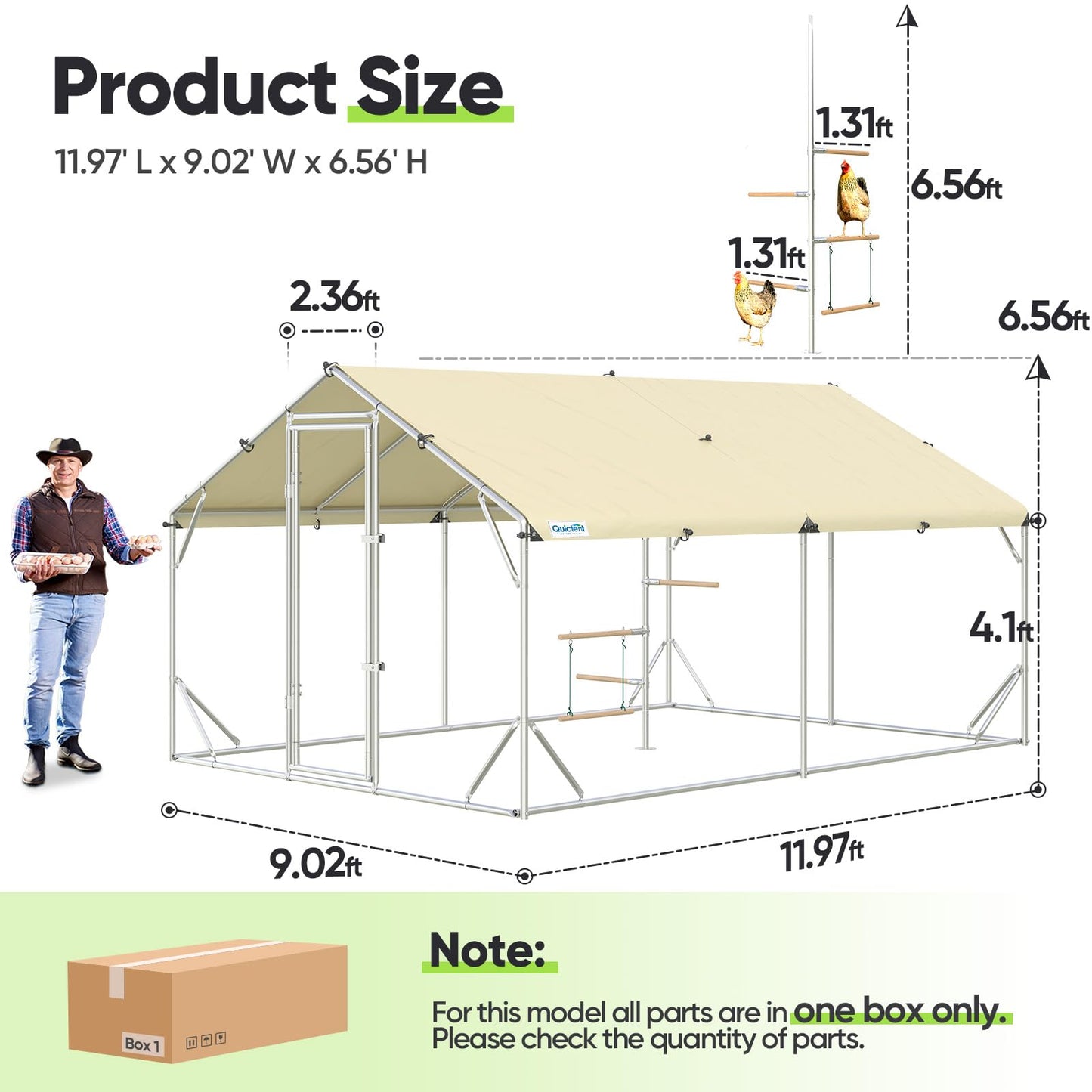 Quictent 12x9x6.6ft Metal Chicken Coop Run with Perch & Swing, Elite Series Large Walk-in Outdoor Poultry Cage Heavy Duty Predator Proof Hen Duck Rabbit Farm Pen House, Waterproof Anti-UV Cover