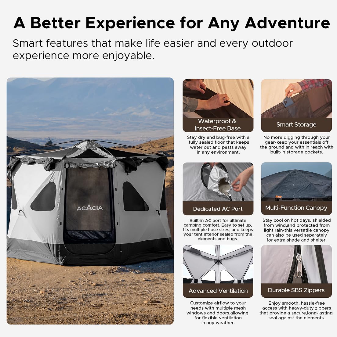 Space Acacia Lite Camping Tent | 4-8 Person Pop Up Tents for Camping | Lightweight & Durable Beach Tent | Level 7 Wind Resistance, UPF 50+ | Quick Setup for Camping & Backyard, Moonstone