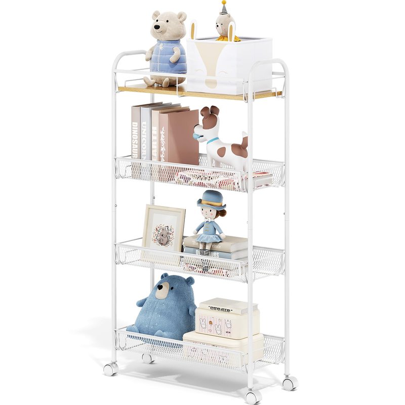 TOOLF 4-Tier Slim Rolling Cart, Metal Utility Cart, Slide Out Storage Cart with Wooden Tabletop and Mesh Baskets for Narrow Space on Kitchen Bathroom Laundry Room Bedroom Apartments Dormitory