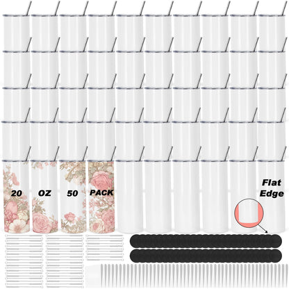 Muwnrol 50 Pack 20 Oz Sublimation Tumblers Bulk, Stainless Steel Double Wall Vacuum Insulation Cup, Sublimation Cups with Straw, Individually Box (Flat Edge)