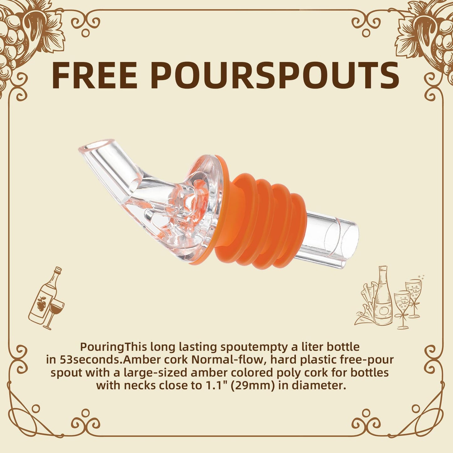 Quzzil 1 Dozen Pour Spout Large Amber Cork Pour Spout Bottle Speed Pourers Fits 750ml, 1l, 1.75l Bottles, for Liquors, Bartending Tool(Orange)