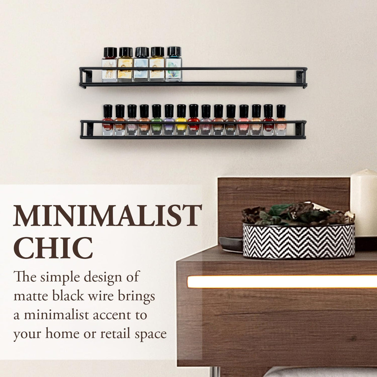 MyGift 16 Inch Wall Mounted Black Metal Nail Polish and Essential Oil Display Shelves, Kitchen Hanging Racks for Seasoning Shakers or Spice Jars, Set of 5