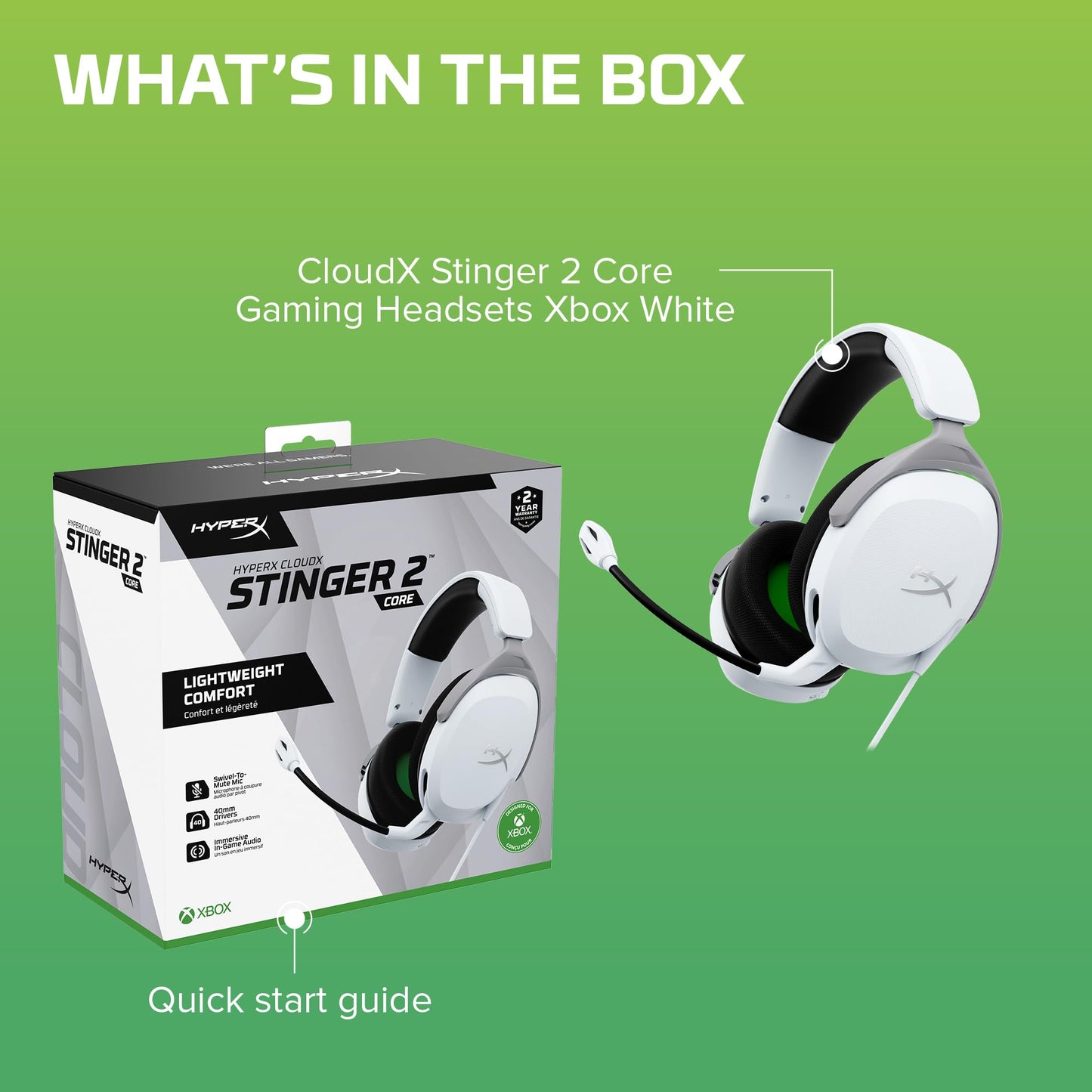 HyperX CloudX Stinger 2 Core - Gaming Headset for Xbox, Lightweight Over-Ear headsets with mic, Swivel-to-Mute Function, 40mm Drivers - White