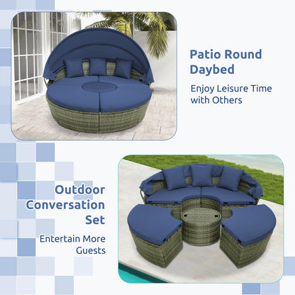 Tangkula Outdoor Round Daybed with Retractable Canopy, PE Wicker Sectional Seating Furniture with Cushions and Throw Pillows, Separates Cushioned Seats for Backyard, Poolside (Navy)