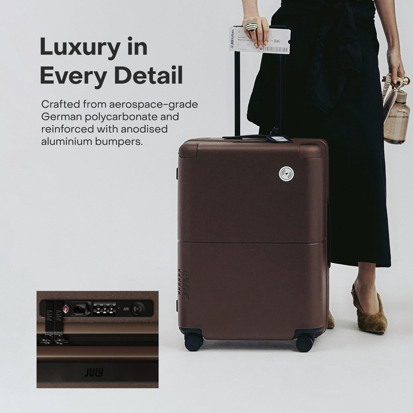 July Checked with CaseSafe - 24.5" Built in Tracking, Airline Approved Check In Luggage with Wheels, Spinner Suitcase for Men & Women - Rolling Suitcase, Spinner Wheels, Y-Strap - Dark Brown