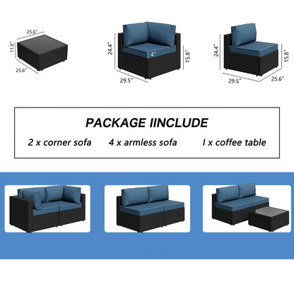 7 Pieces Outdoor Patio Sectional Sofa Couch, Wicker Furniture Patio Conversation Sets with Washable Cushions & Coffee Table for Garden, Poolside, Backyard