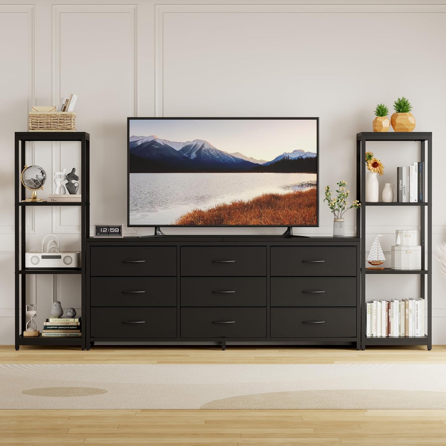 GarveeHome TV Stands Dresser with 9 Fabric Drawers, Large Entertainment Center with 2 Industrial 4-Tier Storage Shelves, Modern TV Console Cabinet for Living Room