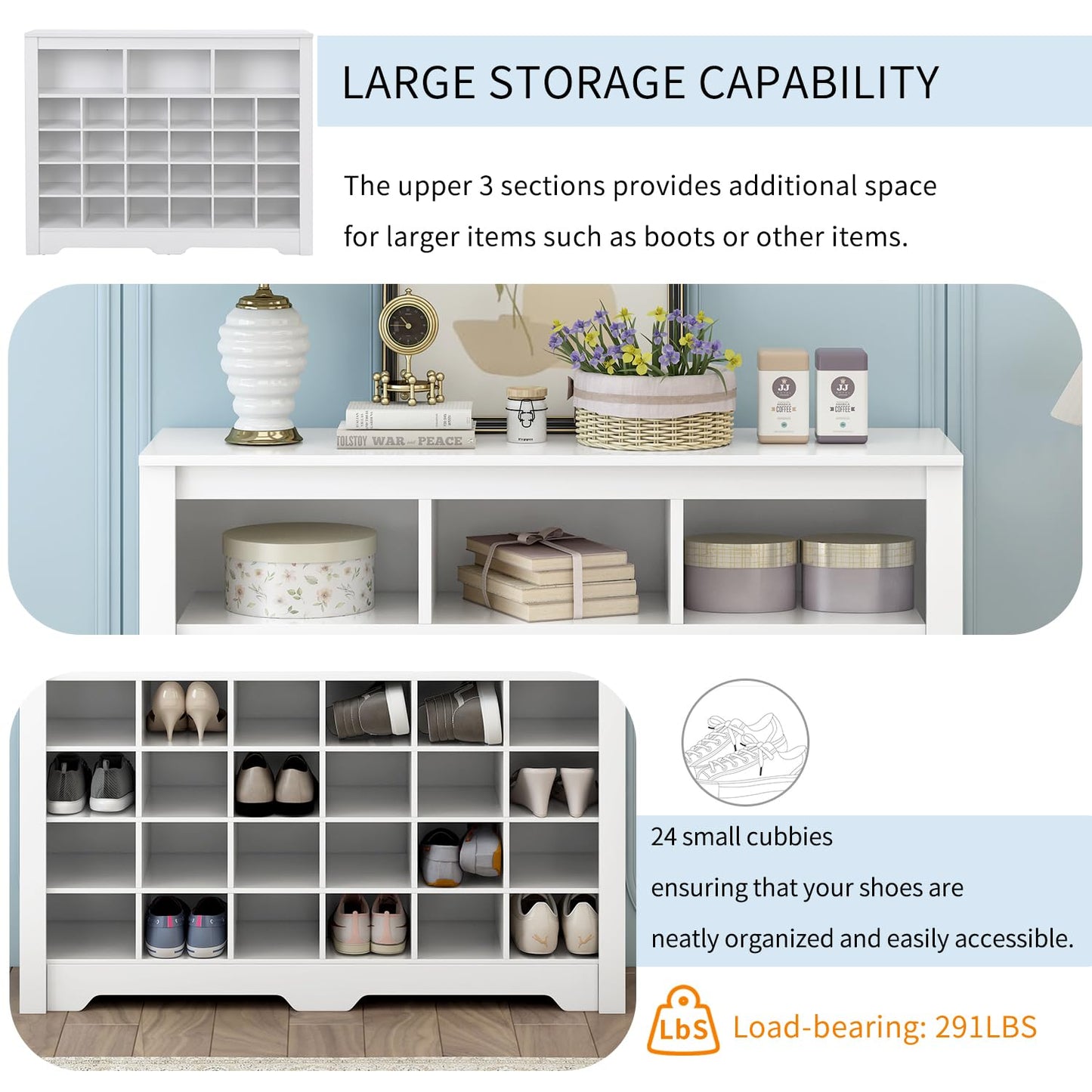 Merax Sleek Design 24 Shoe Cubby Console, Modern Storage Cabinet with Curved Base, Versatile Sideboard for Hallway, Bedroom, Living Room, White
