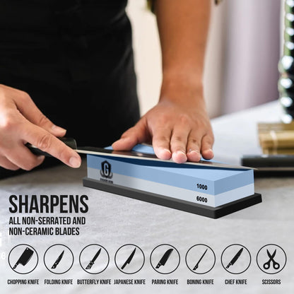 Knife Sharpening Stone Kit - Goodjob Premium Japanese Whetstone Knife Sharpener Stone Set - Dual Grit 1000/6000 Water Stones with Non-Slip Silicone Base, Angle Guide, Flattening Stones