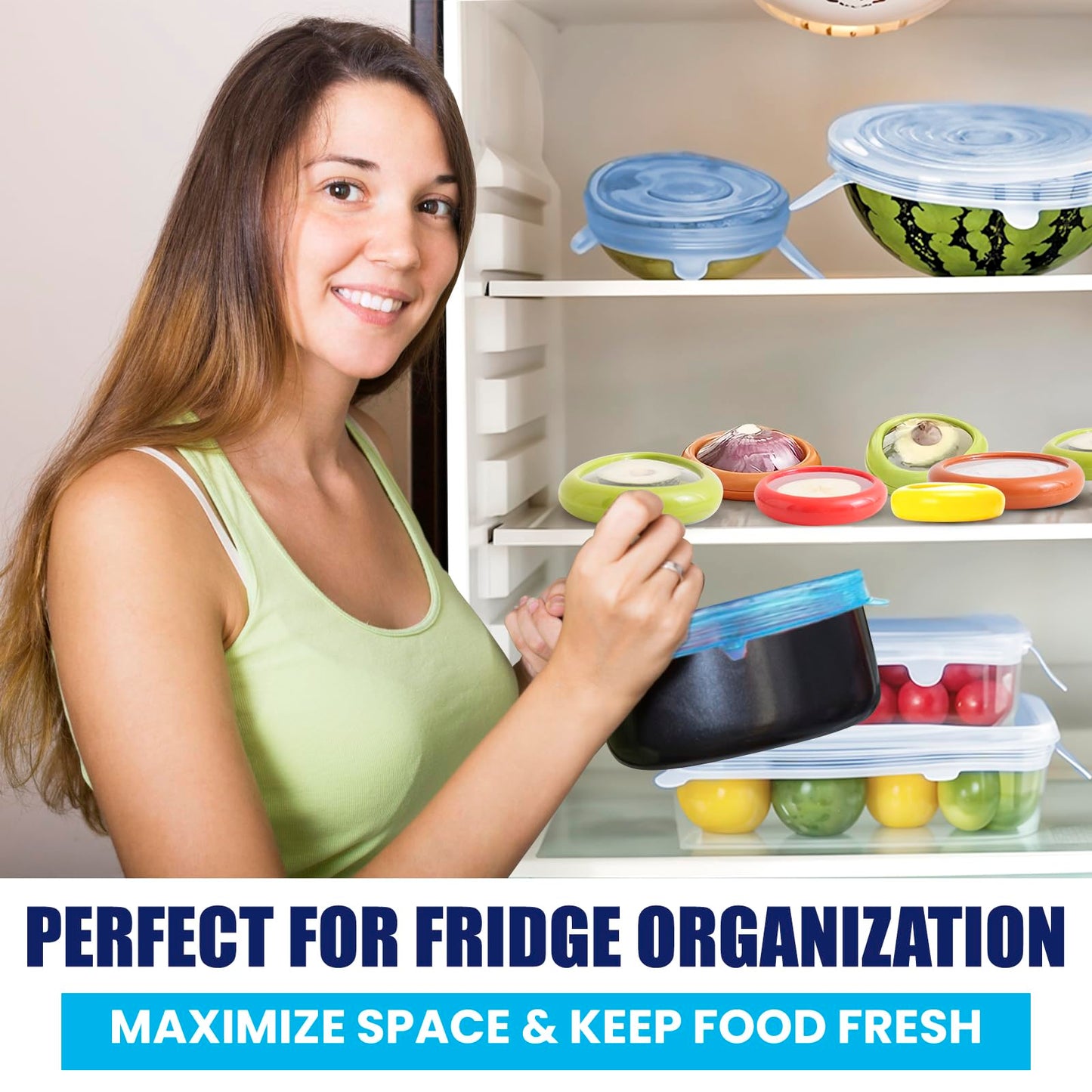 Anti-Oxidation Food Storage Containers with Reusable Silicone Stretch Lids, Airtight Leakproof Produce Keeper Set for Fruits & Vegetables, Keeps Food Fresh Longer, Fridge Organization Containers