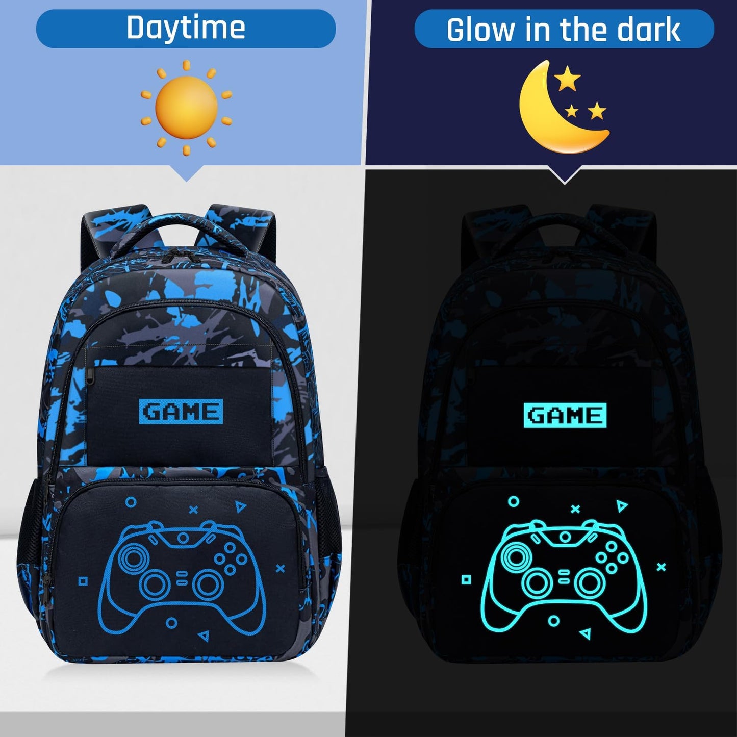 Fitvc Glow in The Dark Backpack for Boys - Game Boys Backpack for Kids Children Teens Elementary Middle School - 17″ Gamer Bookbag Travel Back Pack for Age 6-18