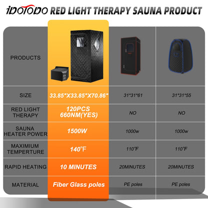 iDOTODO Portable Personal Far Infrared Sauna Box for Home with 660nm Red Light Threapy Panel, Upgraded Infrared Dry Sauna, 140℉, Heating Foot Pad, Upgraded Comfortable Chair