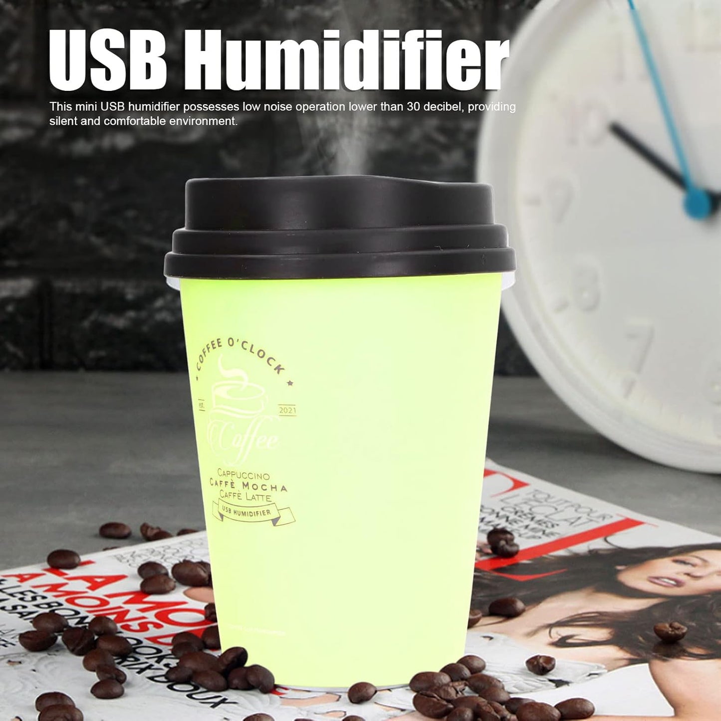 USB Humidifier Mini Desktop 300ml Car Humidifier Coffee Cup Shape for Home Outing (Green)