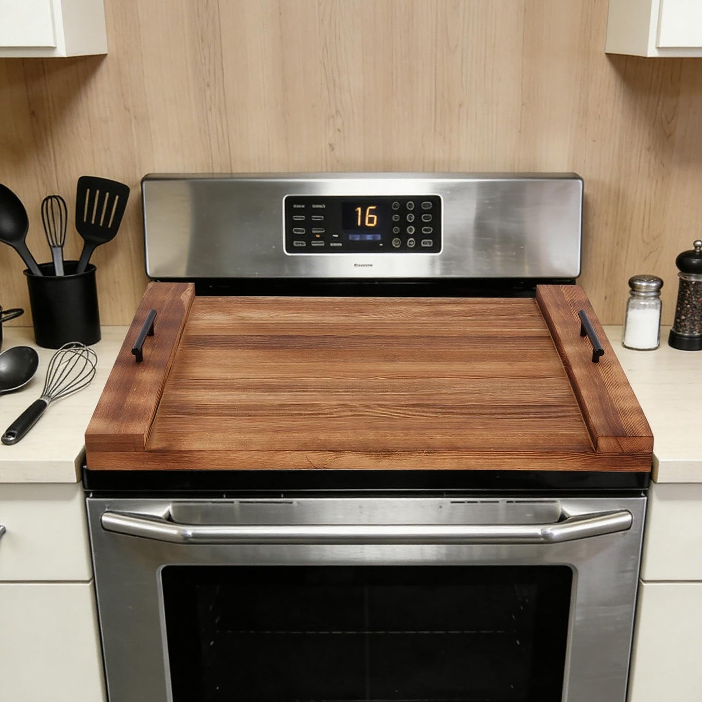 Noodle Board Stove Cover with Handles, 30 X 22 X 2.1" Wooden Stove Top Cover, Multifunctional Stove Cover for Electric&Gas Stove Top (Brown)