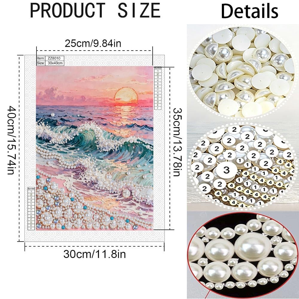 LPDJITO Beach Sunrise Diamond Art Pearl Painting Kit, DIY Pearl Art Painting, Beach Pearl Diamond Painting Kits, Handmade Gem Dot Picture Craft for Home Wall Decor 12x16 inch Wave