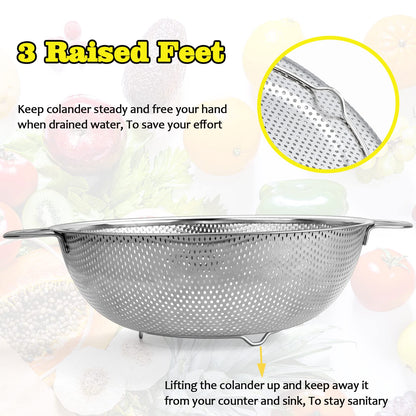 P&P CHEF Stainless Steel Colander, Micro-Perforated Food Strainer with Handle for Washing Draining, Great for Pasta Fruits Vegetables, Dishwasher Safe & Healthy, 1 +3 Qt, 2Pcs
