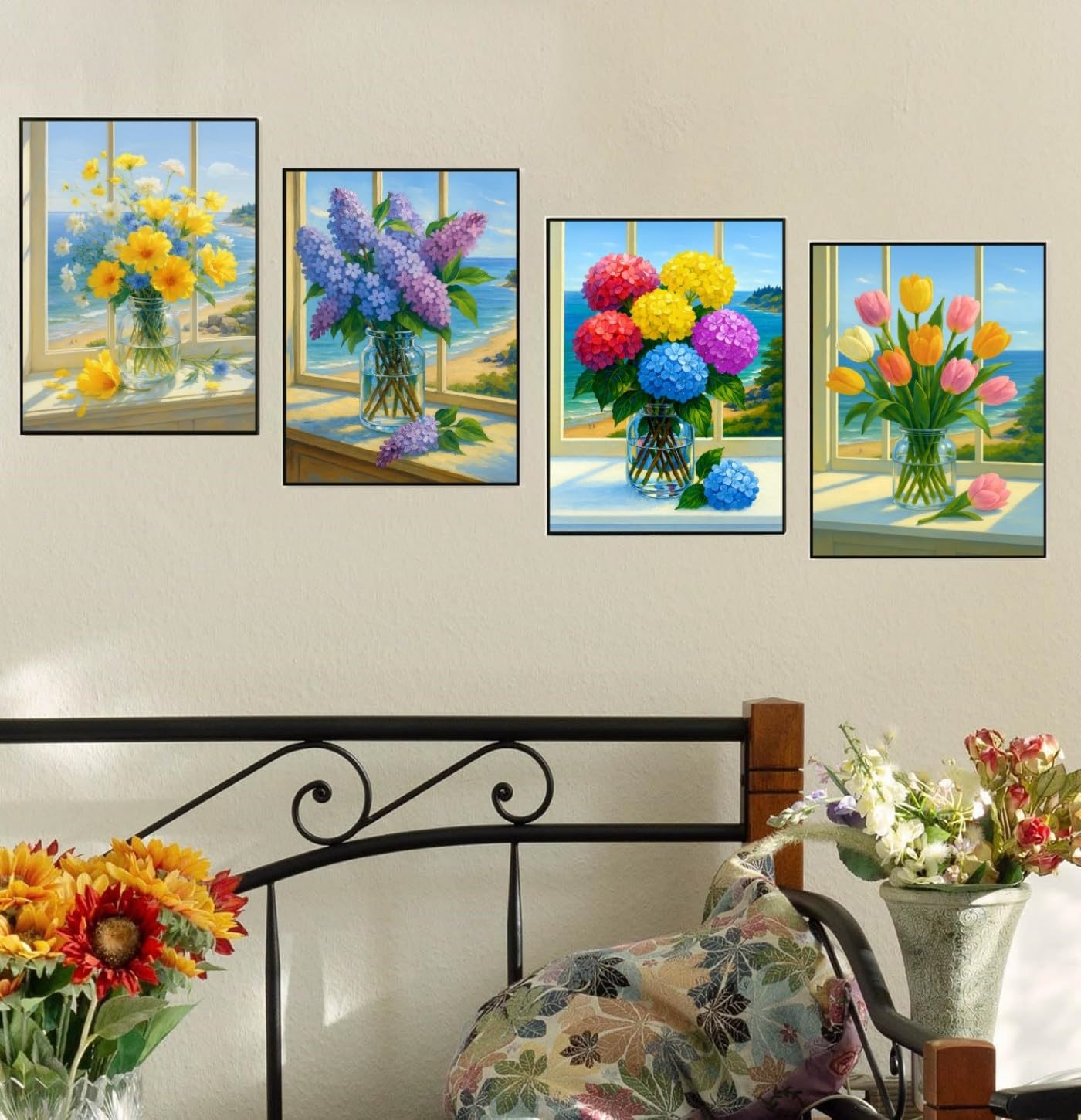 Lovepefe Floral Diamond Art Painting Kits for Adults, 4 Pack Flowers Paint with Diamond Kit for Beginners DIY Full Drill Gem Art Home Wall Decor 12 X 16 Inch
