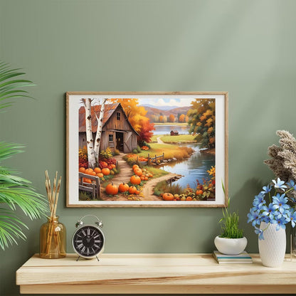 YEEIFFD Autumn Diamond Painting Kit for Adults Wooden Barn Fall Pumpkins Diamonds Painting DIY Round Diamond Art Kit Thanksgiving Gem Art for Home Wall Decor 12x16 Inch