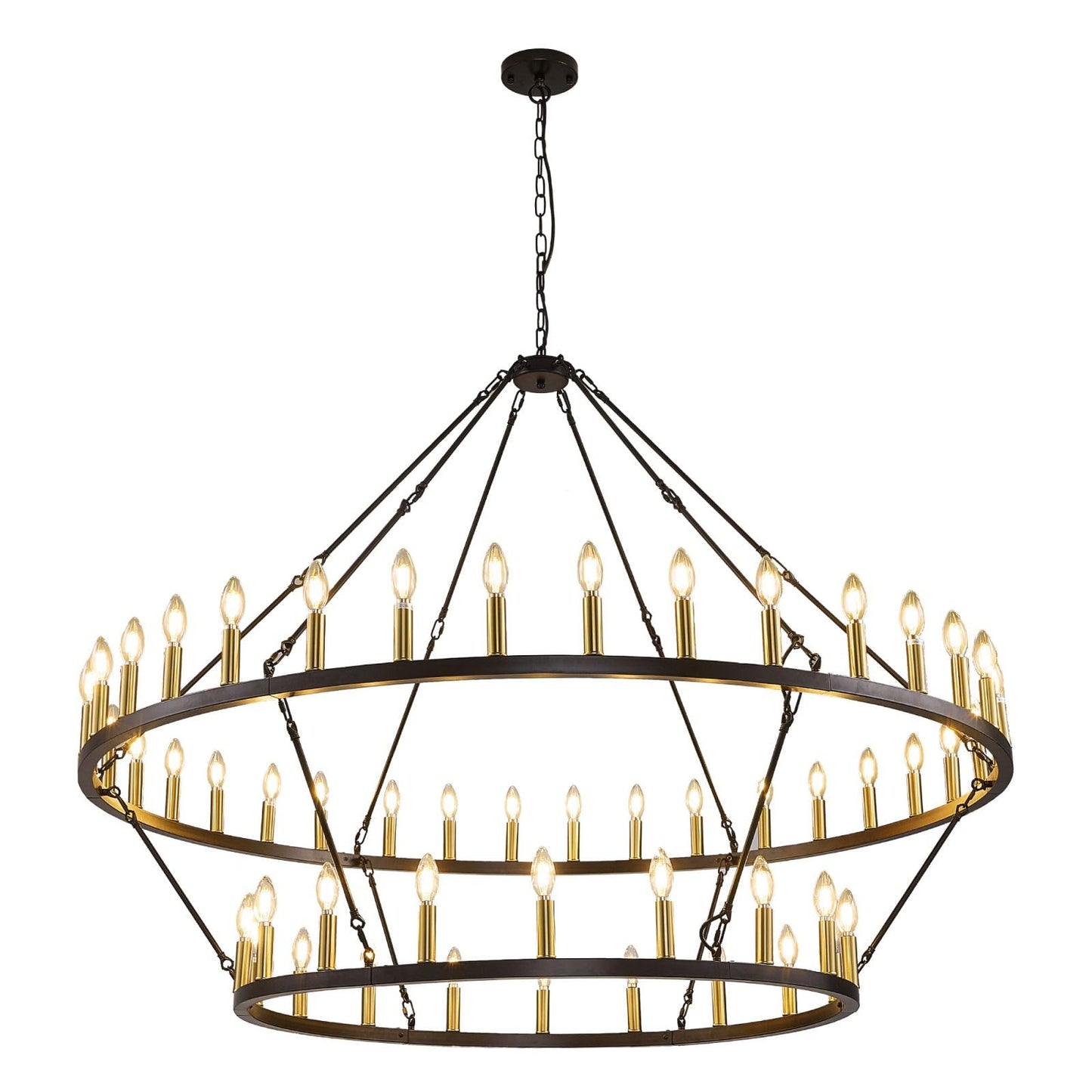 WJShome 60" Wagon Wheel Chandelier, 2 Tiers 54-Light Large Farmhouse Foyer Chandelier for High Ceilings, Round Black and Gold Pendant Light Fixture, for Entryway, Dining Room, Staircase
