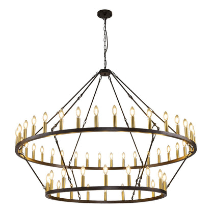 WJShome 60" Wagon Wheel Chandelier, 2 Tiers 54-Light Large Farmhouse Foyer Chandelier for High Ceilings, Round Black and Gold Pendant Light Fixture, for Entryway, Dining Room, Staircase