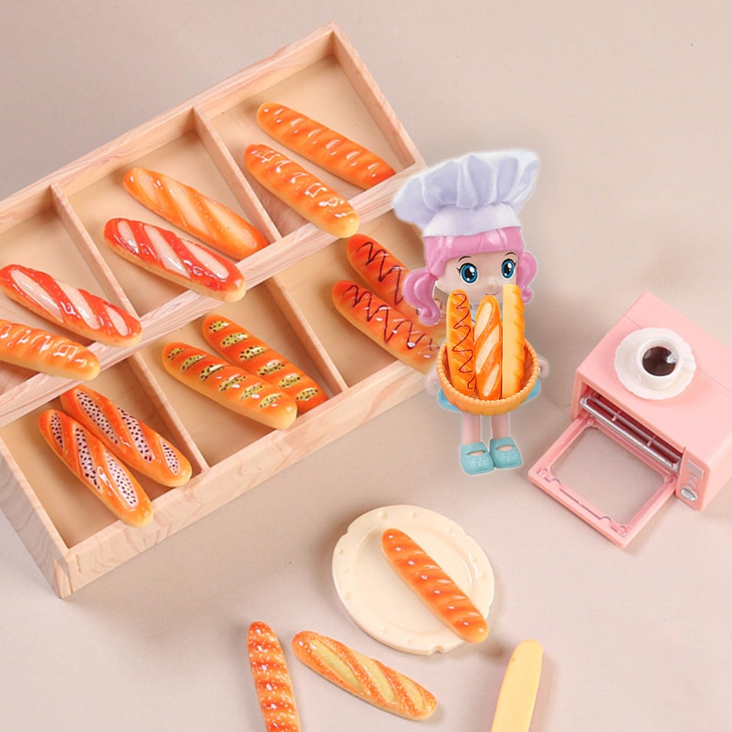 100Pcs Mini Fake Bread, Miniature Resin Food, Fake French Bread, Artificial Food Model for Mini House Kitchen Fairy Garden Cake Party Decor Display Props (Random Styles)