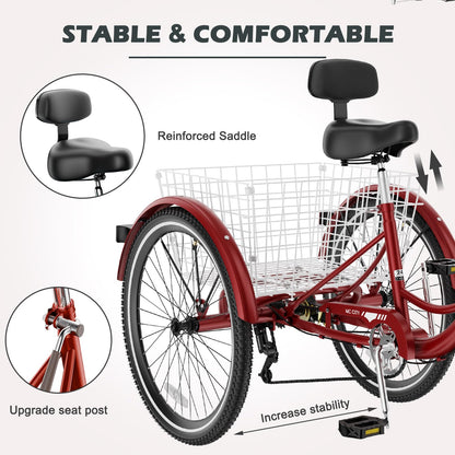 ABORON Adults Tricycle, 3 Wheels Bike for Adult, Tricycle for Adults, Double-Wall Wheel Rims, Tricycle for Women Men Exercise Outdoor Sports