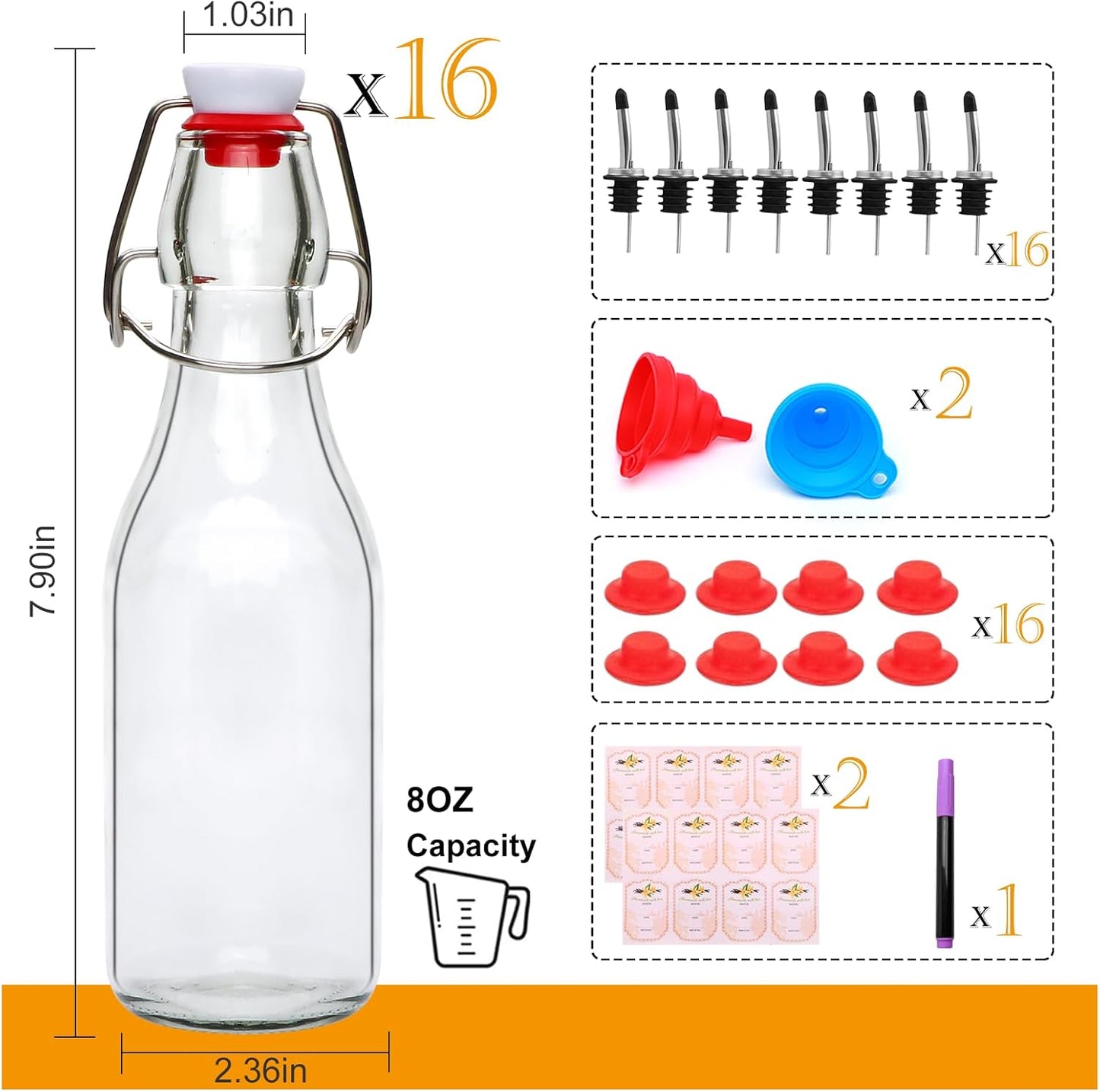 QAPPDA 16 Pack 8 oz Swing Top Glass Bottles with Stoppers, Flip Top Brewing Bottles for Homemade Kombucha and More