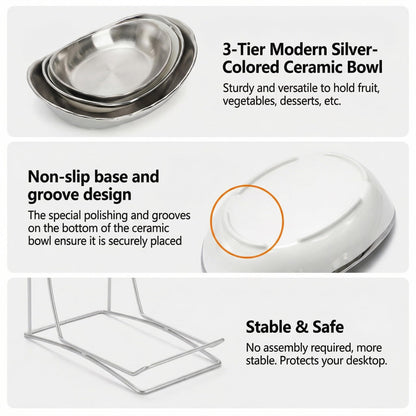 Goaste 3 Tier Ceramic Fruit Bowl, Oval Tiered Serving Bowl Set, Porcelain Fruit Basket with Metal Stand, Large Detachable Fruit Storage Holder Rack for Kitchen Counter, Vegetable, Cake, Dessert, Salad