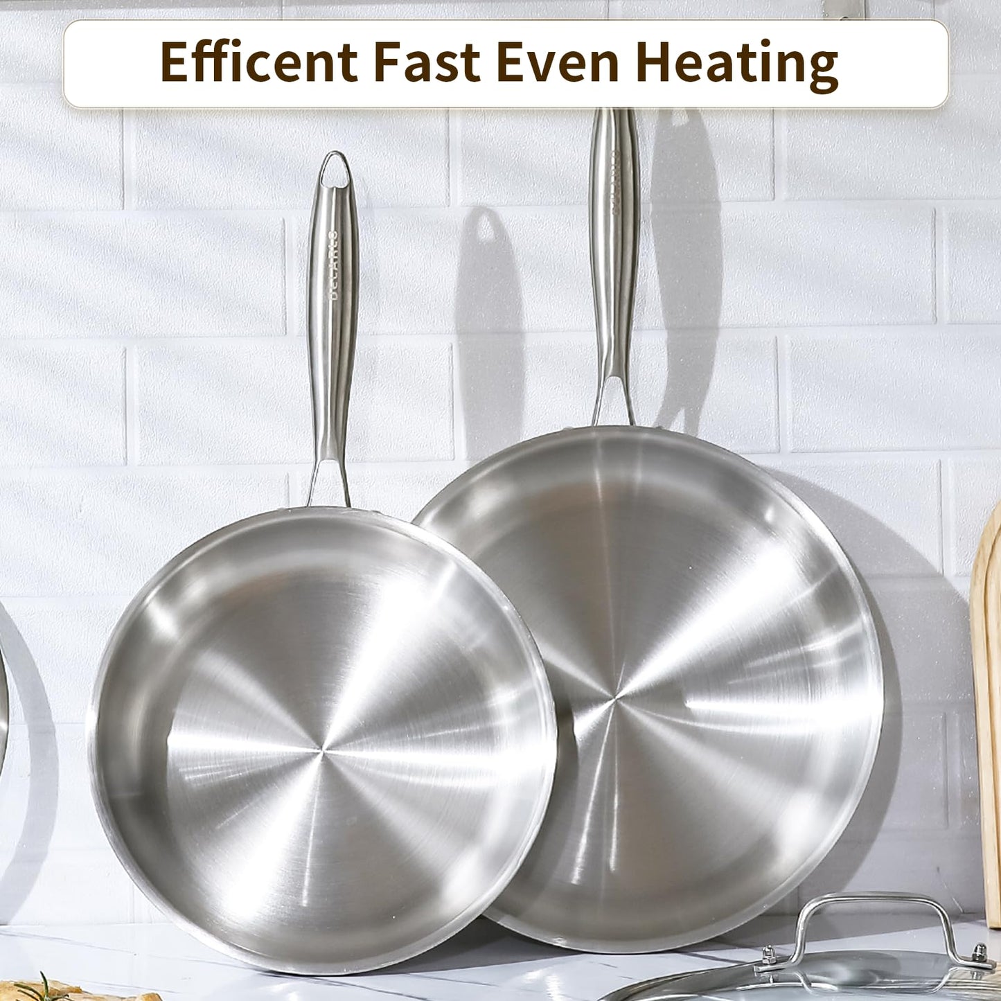 DELARLO Tri-Ply Stainless Steel Pan, 18/10 Frying Pan, Oven Safe Up to 600°F, Nontoxic Cookware, Compatible with All Cooktops Skillet, Durable, Fast Even Heat Fry Pan,12 inch Pan with Glass Lids