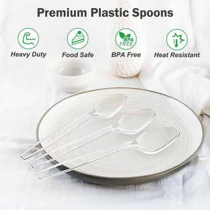 Dealusy 100 Count Clear Plastic Spoons Disposable, BPA-Free, Heat Resistant, Solid and Durable Disposable Spoons Heavy Duty Bulk, Premium Spoons plastic disposable for Party Supply