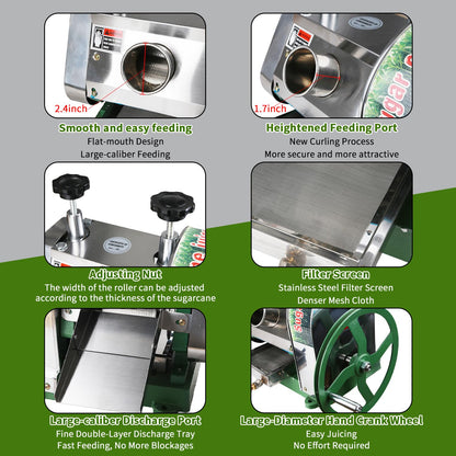 Manual Sugar Cane Press Juicer, Heavy-Duty Triple Stainless Steel Roller Design, Motor-Ready Interface, 2.5" Wide Inlet, High-Yield Hand Crank Cane Extractor for Home & Small Commercial Use