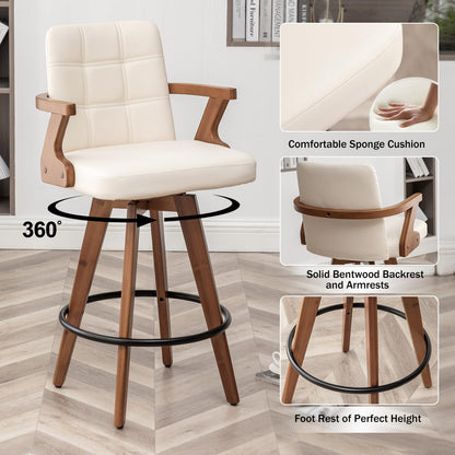 MEKLIBA 26” Counter Height Bar Stools,Leather Upholstered Bar Chair, Swivel Bar Stools with Back and Arms，Modern Beige Barstool Set of 2 for Kitchen Island
