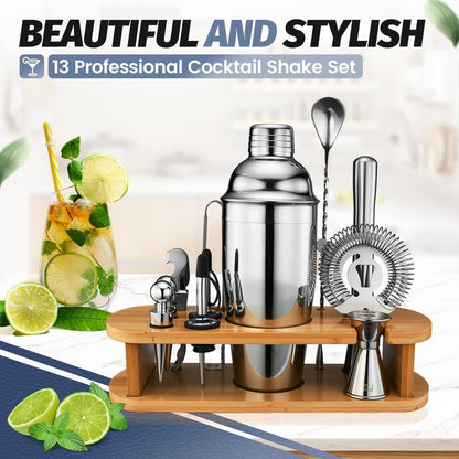 Cocktail Shaker Set Bartender Kit: 13-Pcs Bar Tools Set with Bamboo Stand, Essential Bar Accessories for Home: 25oz Martini Shaker, Jigger, Bar Spoon, Professional Cocktails Kit for Drink Mixing |Gift