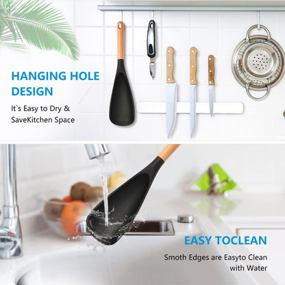 【2 Pack】Silicone Cooking Spoon for Nonstick Cookware - Wooden Handle Kitchen Spoon for Mixing, Flipping, Scraping & Serving - Heat-Resistant Spatula for Baking, Stirring (11.4'' Black 2-Pcs)