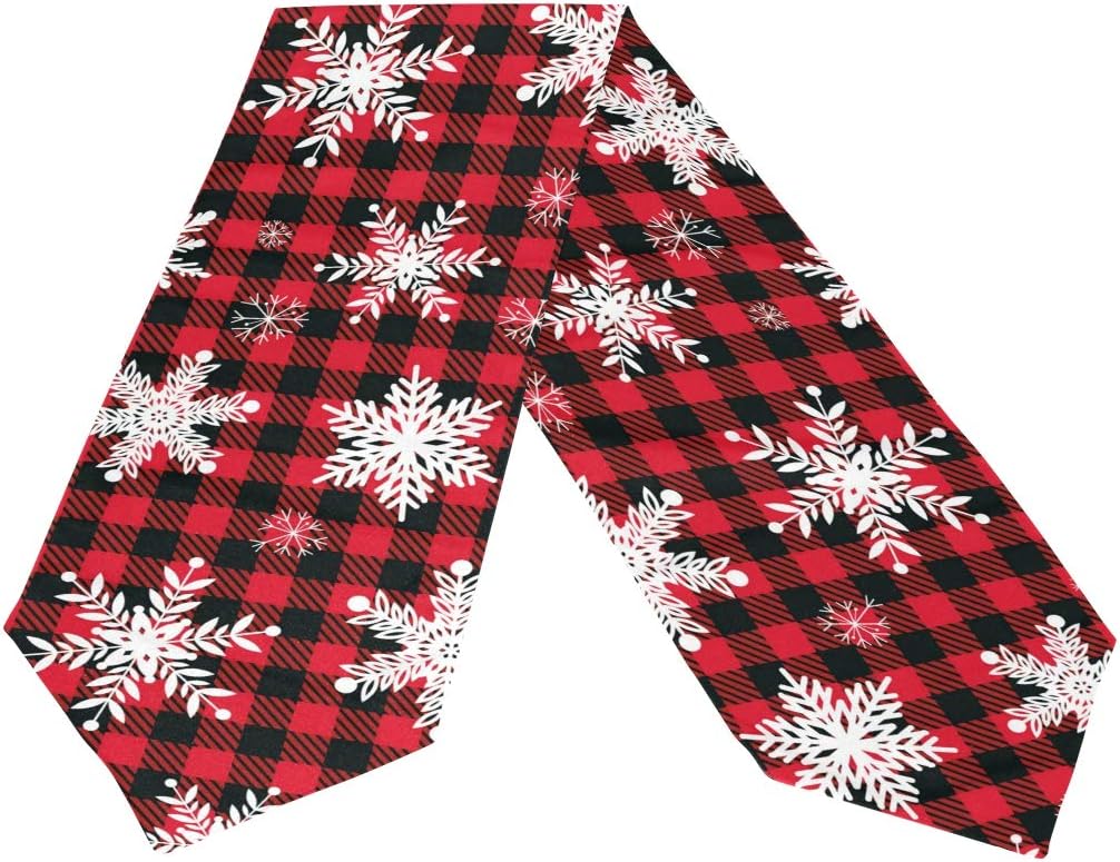 WOOR Double-Sided Snowflakes Table Runner - 13 x 70 Inches Buffalo Plaid Background, Christmas Table Cloth for Holiday