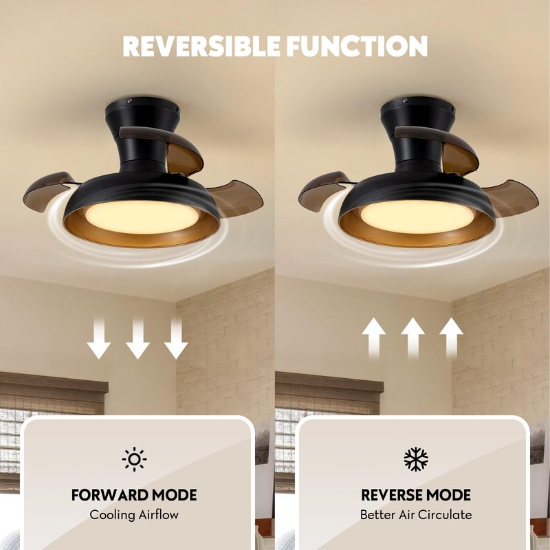 APBEAMLighting 23 Inch Black and Gold Ceiling Fan with Light and Brown Retractable Blades Small Led Light Fixture Ceiling Modern Fandelier Fan Lights Cei ling Fixtures for Bedroom Dining Room Kitchen