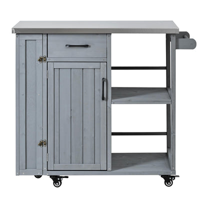 Outdoor Kitchen Island Cart with Stainless Steel Top, Rolling Grill Table with Storage Cabinet Drawer Shelves and Towel Rack, Wooden BBQ Prep Station with Lockable Wheels for Patio Backyard, Grey