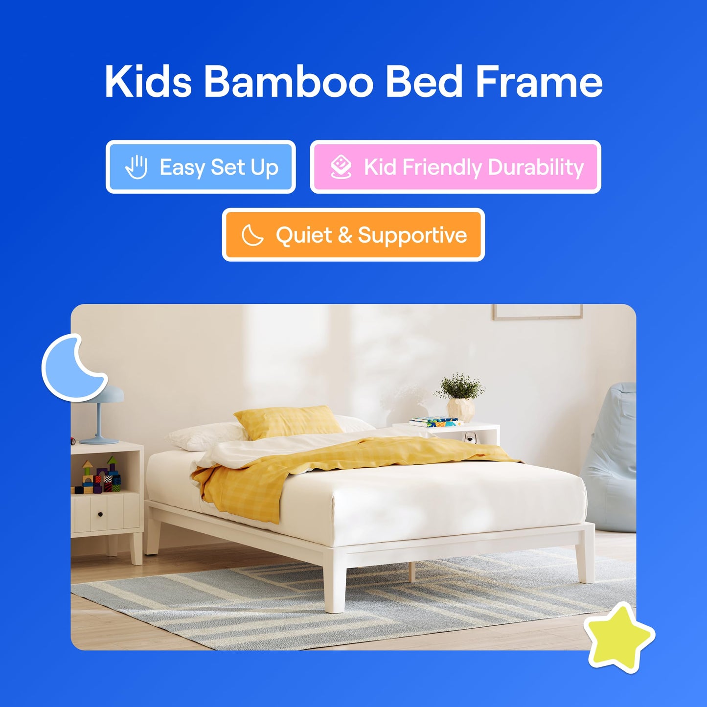 Nectar Kids Bamboo Platform Bed Frame - Full - White - Floating Center Support Legs - 12” Height - Easy Tool Free Set Up - Durable & Kid-Friendly - Sturdy Wooden Slats for Support
