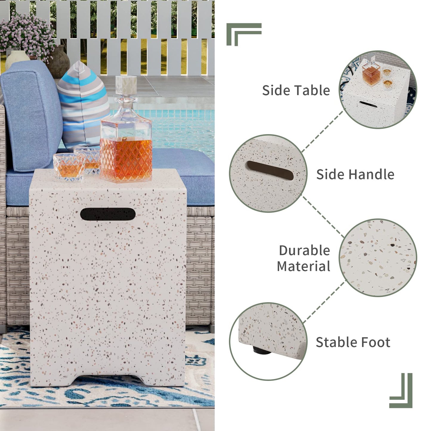 COSIEST 35-inch Square Outdoor Sandstone Propane Fire Pit w Wind Guard and Side Table, Certified, 50,000 BTU Stainless Steel Burner, Free Lava Rocks and Rain Cover, Metal Lid(Beige)