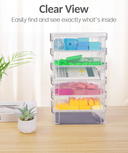 Sooez 6 Pack Extra Large Pencil Box, Plastic Pencil Case Crayon Box, Clear Marker Organizer Plastic Containers with Lid, Stackable Storage Boxes for Art Craft,Pen,Back to School Teacher Supplies, Grey