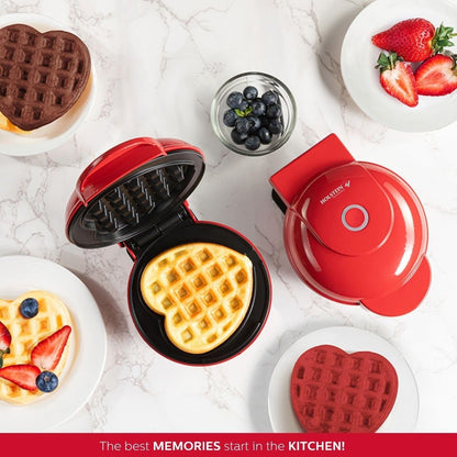 Holstein Housewares Personal Non-Stick Heart Waffle Maker, Red - 4-inch Waffles Ready in Minutes