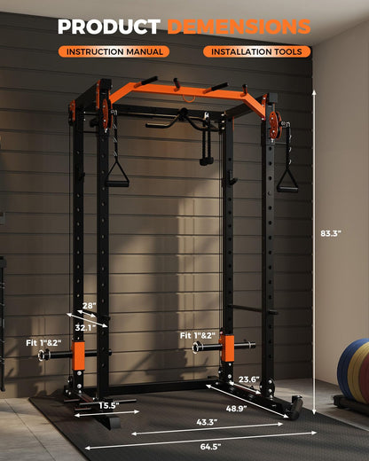 Power Cage, Power Rack with Cable Crossover System, 2000LBS Squat Rack with LAT Pull Down System, Workout Cage with Pulley System for Fitness Home Gym Strength Training, Orange & Black