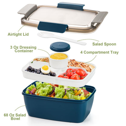 Youeon 3 Pcs 68 Oz Salad Lunch Container with 4 Compartment Tray, Bento Lunch Box with Spoon & Dressing Cup, Leakproof Salad Container for Lunch, Toppings, Snacks, Fruits, BPA-Free
