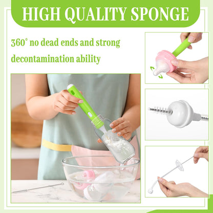 Willinglong 22 Pcs Sponge Bottle Nipple Brushes Set Including 12 Pcs Bottle Sponge Brush Heads 6 Interchangeable Nipple Brush Handles and 4 Long Straw Brushes for Baby Bottles
