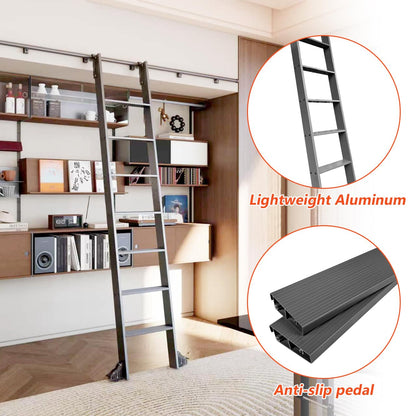 DIYHD 96" Sliding Library Ladder with 8 Steps, Telescopic Top Hook, Lightweight Rolling Ladder with Upright Space-Saving Storage, Kit with 4FT Sliding Rail, Bottom Rollers, 300lbs Capacity, Black