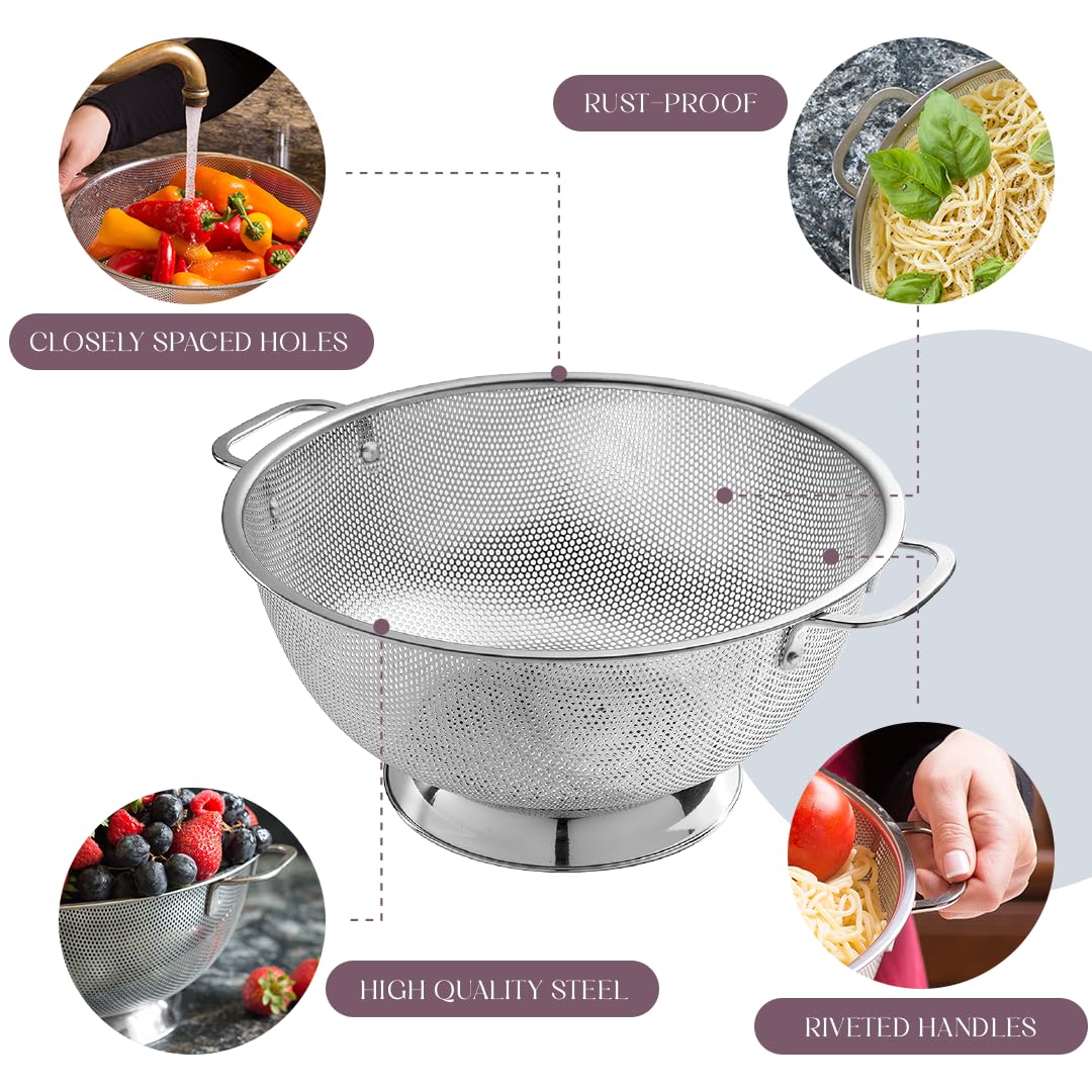 Bellemain Colander for Kitchen – 5 Qt Stainless Steel Strainer with Handle - 18/8 Pasta Strainer Bowl for Pasta, Spaghetti, Vegetables, Fruit, and Pot Draining - Stainless Steel Colander