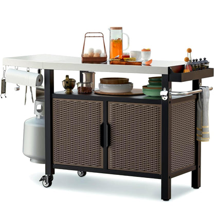 onlyfire 53-Inch Rolling Kitchen Island Cart with XL Stainless Steel Top & Rattan Texture Cabinet, Heavy-Duty Outdoor Dining Cart with Side Shelf, Propane Tank Holder, Spice Rack, Wheels for Patio