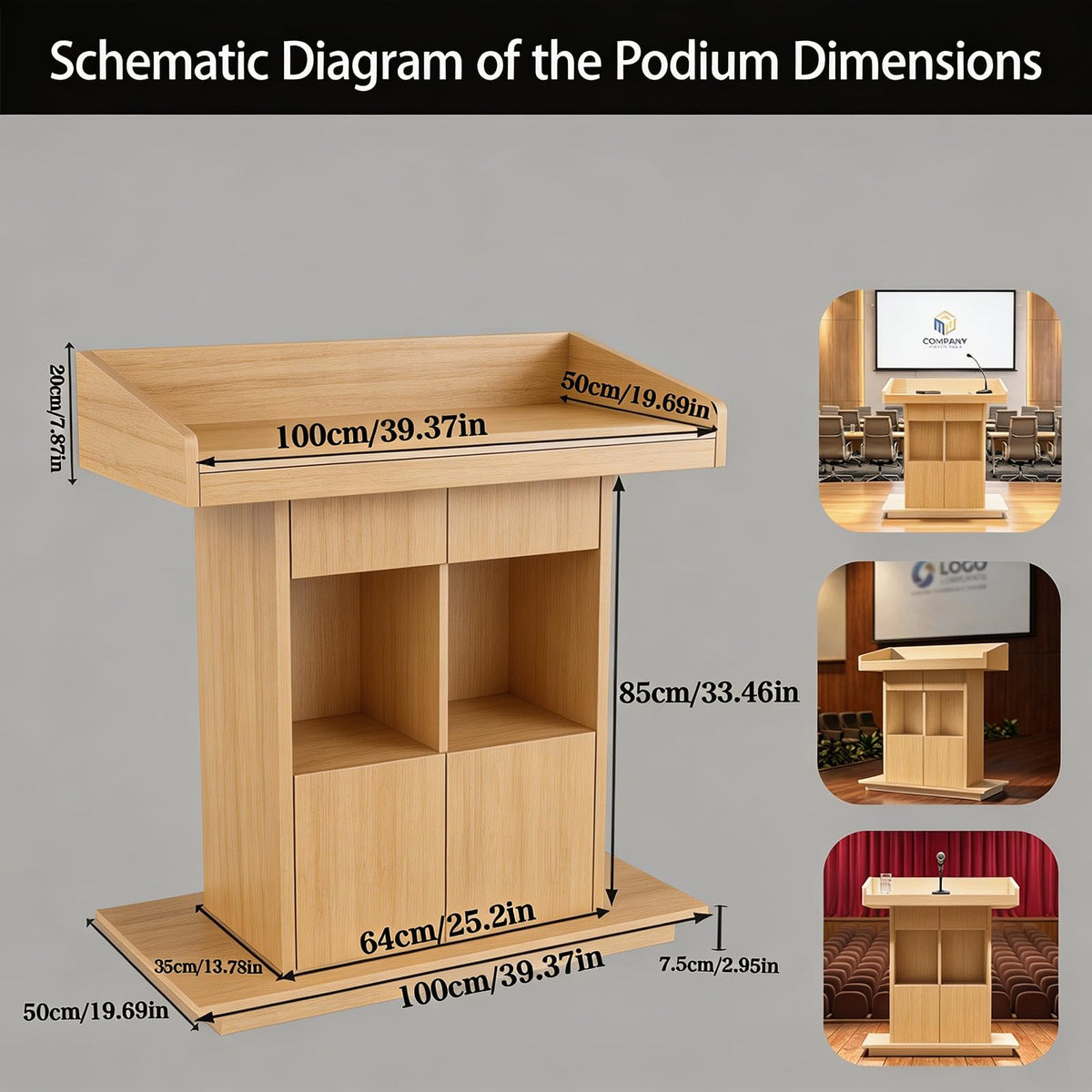 XIHAADOY Wooden Lectern Podium Stand with Lockable Wheels, with Wooden Heavy Base, Mobile Rolling Church Pulpits, Office Wooden Reception Desk, Host Stand for School Conference,Natural