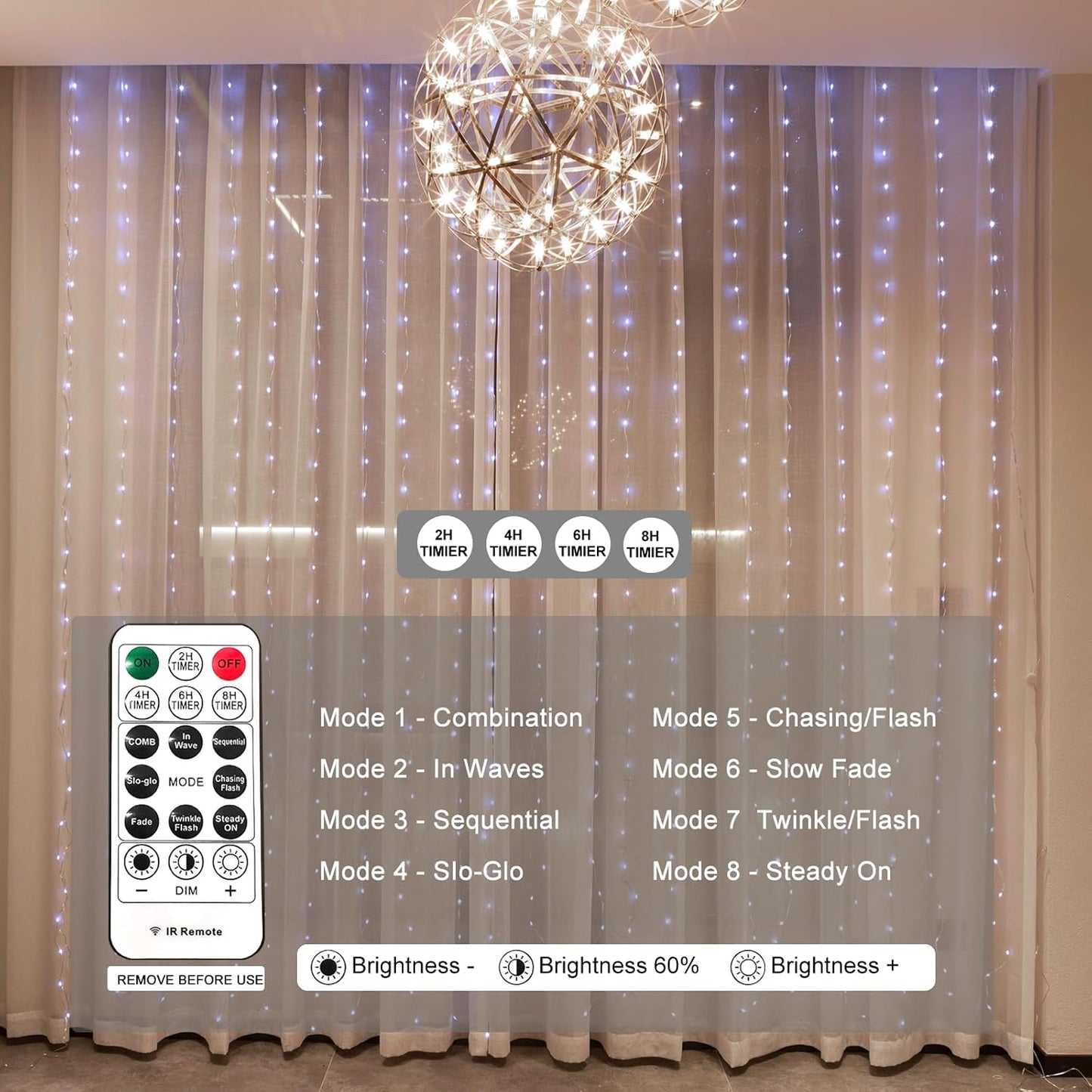 Upgrade 300LED White Curtain Light, 9.8ft x 9.8ft Copper Wire String Lights, USB Plug Hanging Window Fairy Lights
