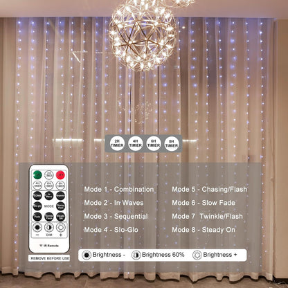 Upgrade 300LED White Curtain Light, 9.8ft x 9.8ft Copper Wire String Lights, USB Plug Hanging Window Fairy Lights